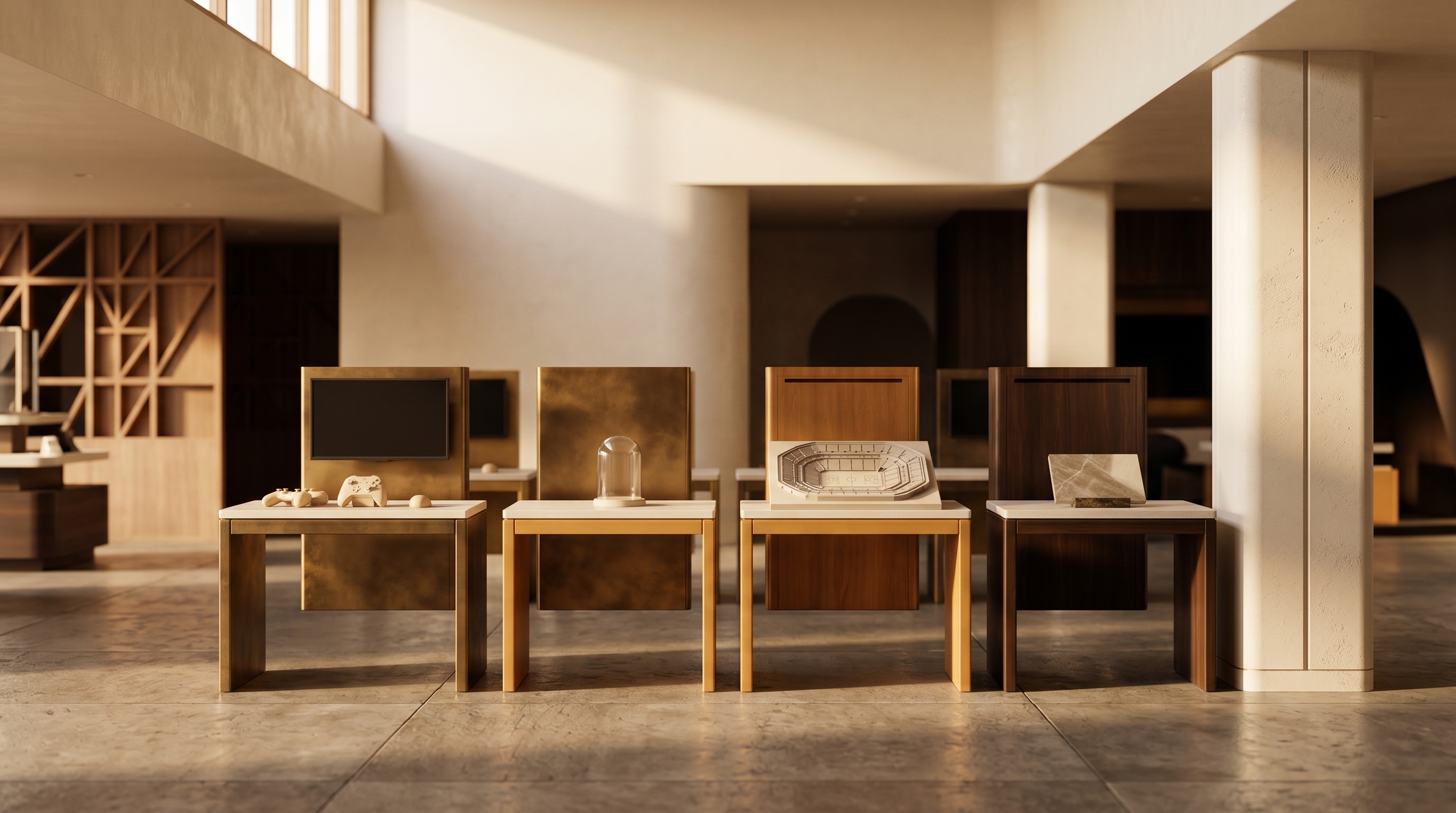 Editorial wide-angle interior of a clean gaming-center environment with neutral props, warm directional light, and a restrained cream, deep-brown, and burnt-orange palette — no faces, no logos, no on-screen text.