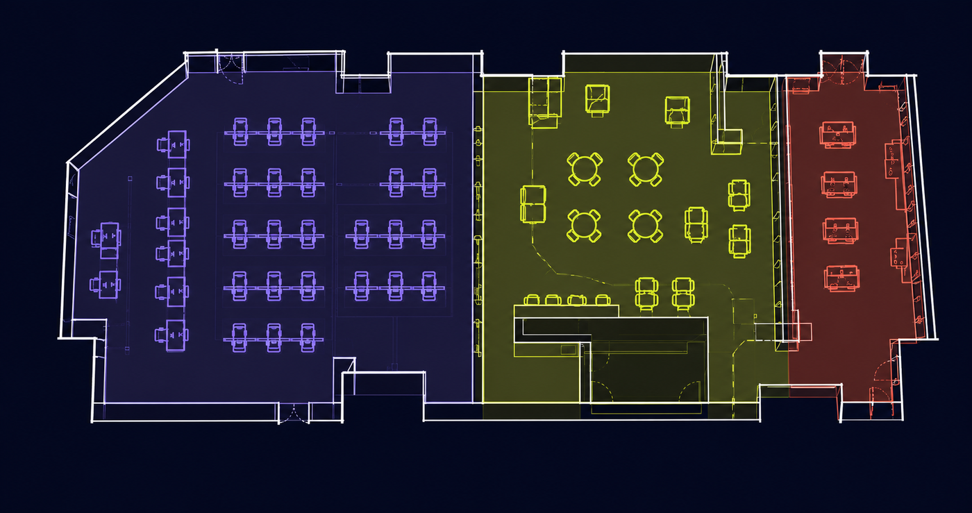 Top-down floor plan showing the play floor, social zone, and gear wall in a video gaming center